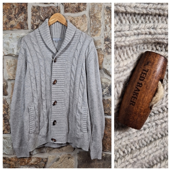 Ted Baker Other - Ted Baker L LARGE 42 5 Cable Knot Shawl Collar Toggle Button Sweater Cardigan